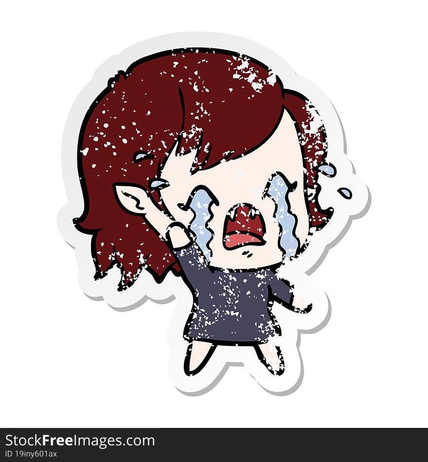 distressed sticker of a cartoon crying vampire girl