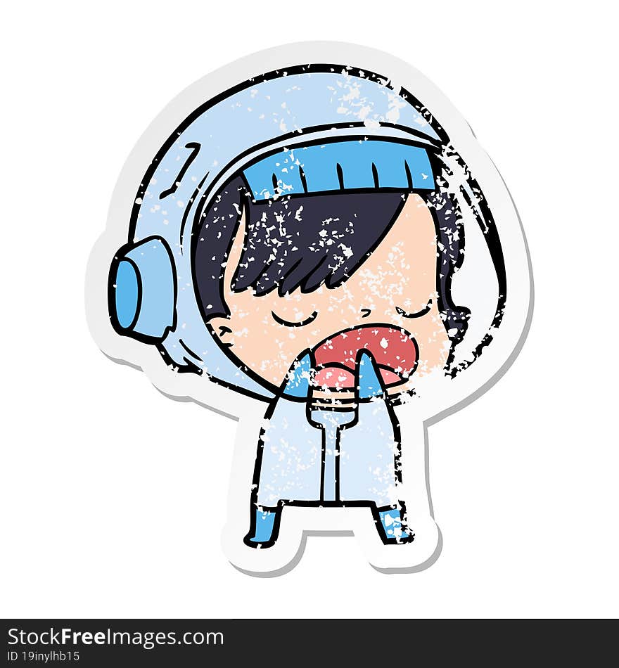 distressed sticker of a cartoon astronaut woman explaining