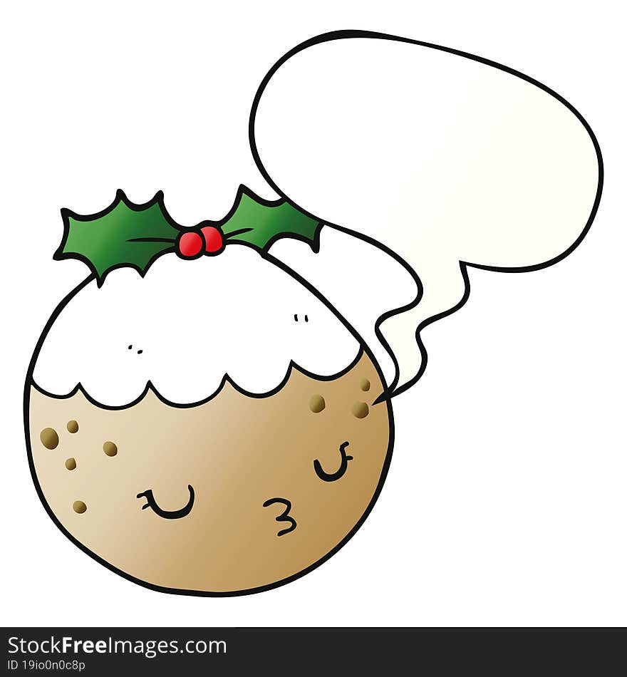 cute cartoon christmas pudding and speech bubble in smooth gradient style