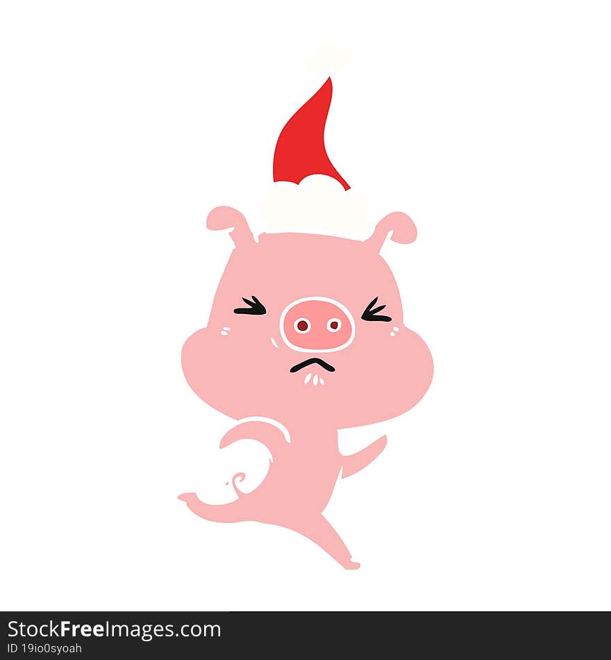 flat color illustration of a annoyed pig running wearing santa hat