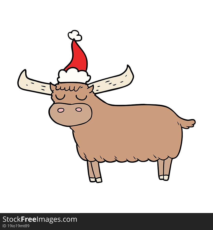 hand drawn line drawing of a bull wearing santa hat