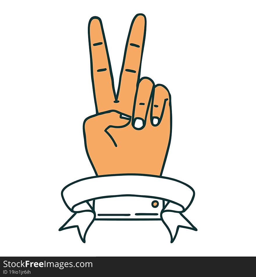 Retro Tattoo Style peace two finger hand gesture with banner. Retro Tattoo Style peace two finger hand gesture with banner