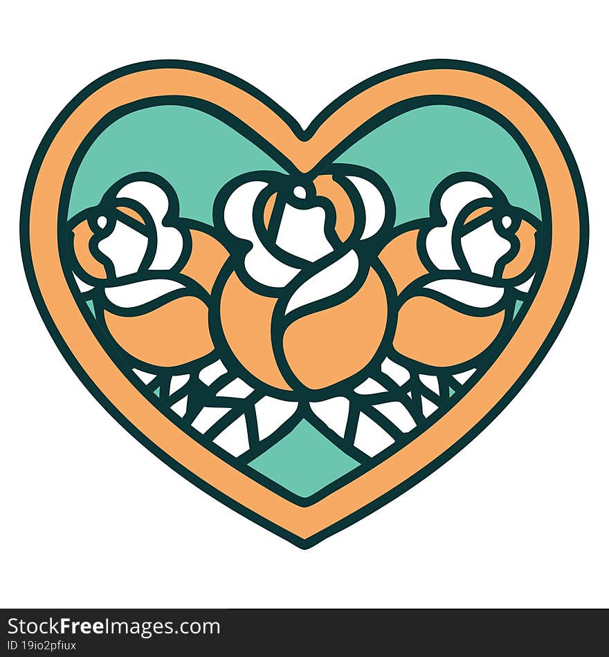 iconic tattoo style image of a heart and flowers. iconic tattoo style image of a heart and flowers