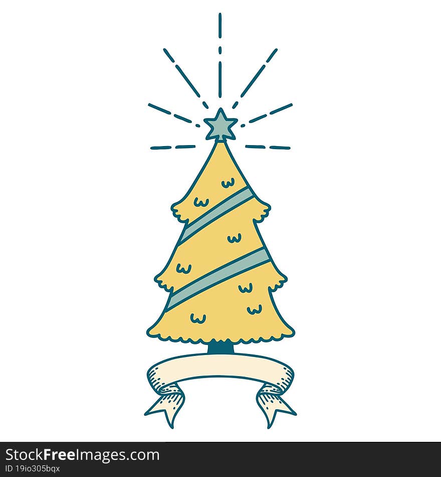 banner with tattoo style christmas tree with star