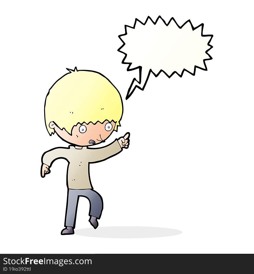 cartoon worried boy pointing with speech bubble