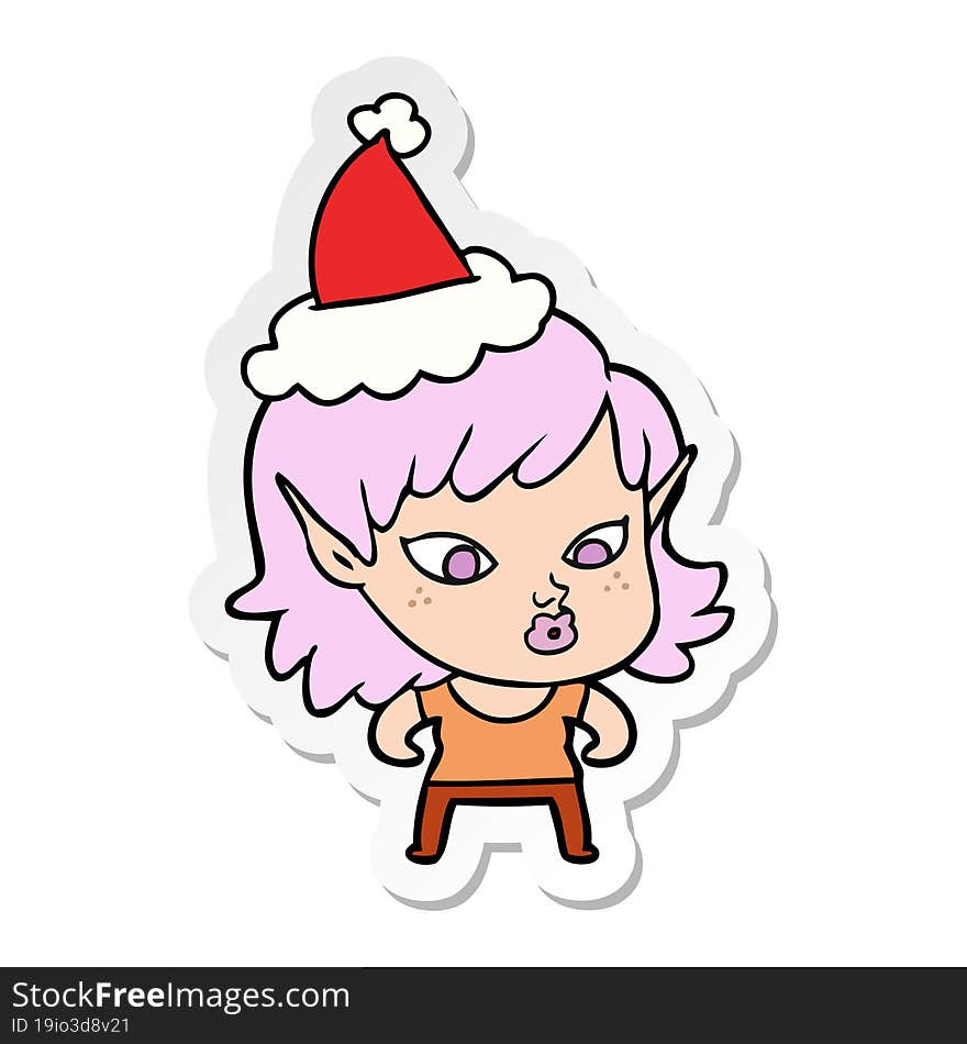 pretty sticker cartoon of a elf girl wearing santa hat