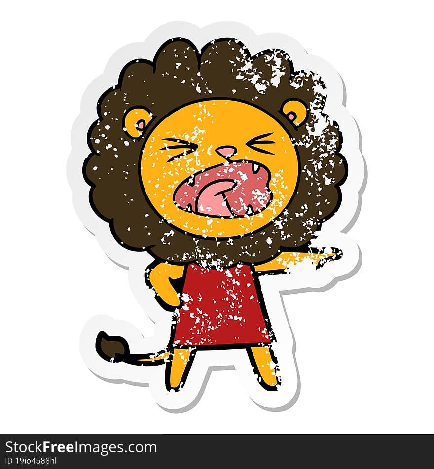 distressed sticker of a cartoon angry lion in dress