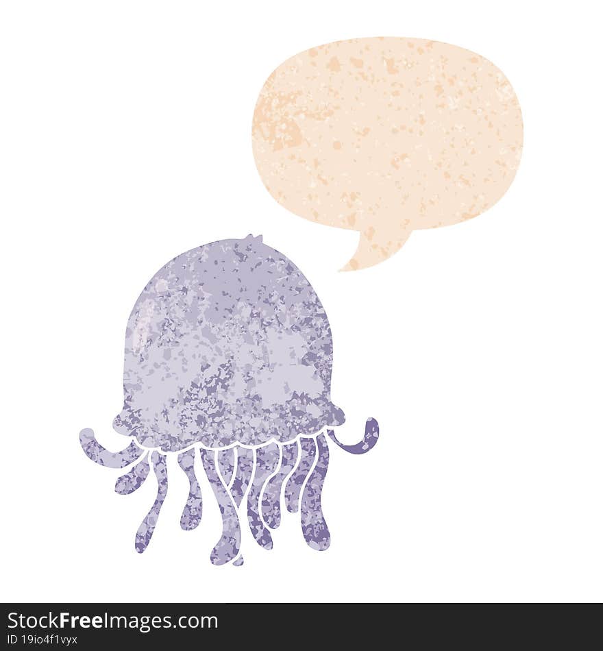 cartoon jellyfish and speech bubble in retro textured style