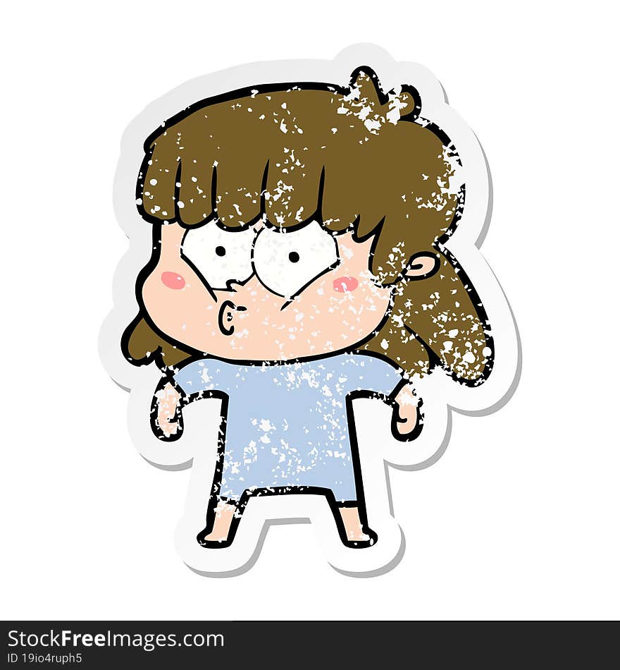 distressed sticker of a cartoon whistling girl