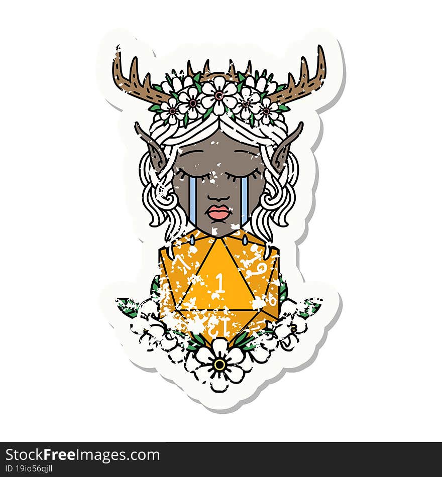 Retro Tattoo Style crying elf druid character face with natural one D20 roll. Retro Tattoo Style crying elf druid character face with natural one D20 roll