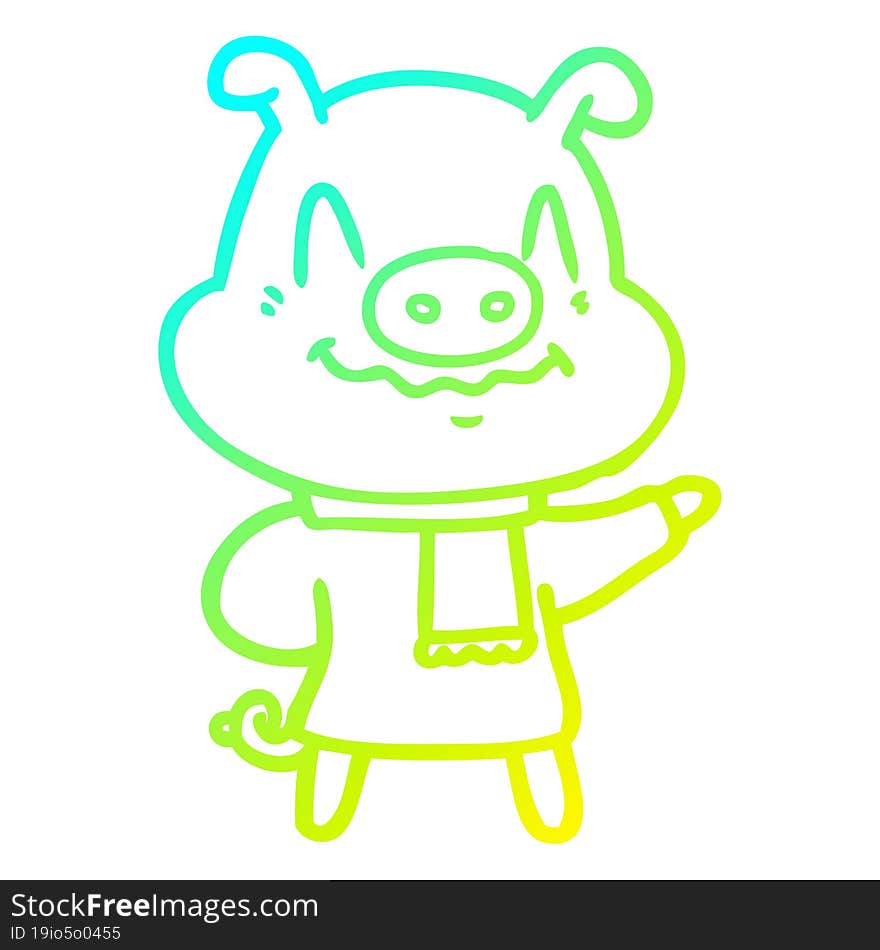 cold gradient line drawing of a nervous cartoon pig wearing scarf