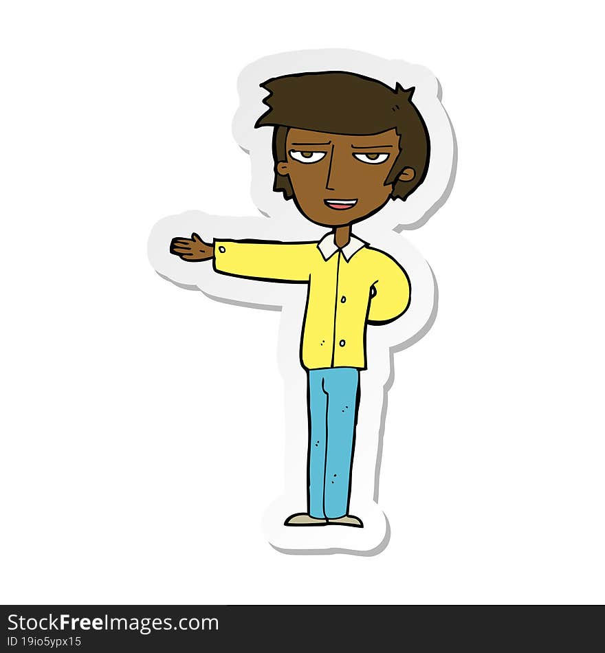 sticker of a cartoon man gesturing welcome