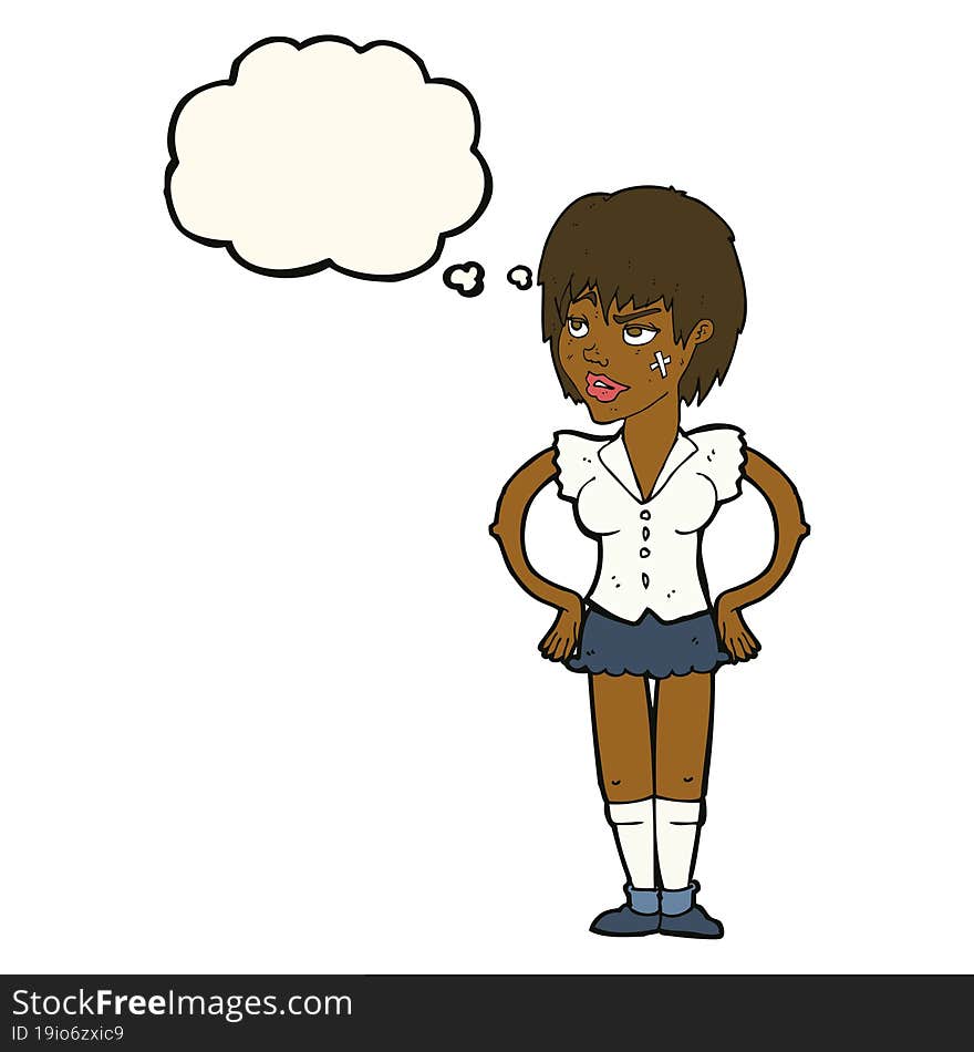 cartoon tough woman with hands on hips with thought bubble