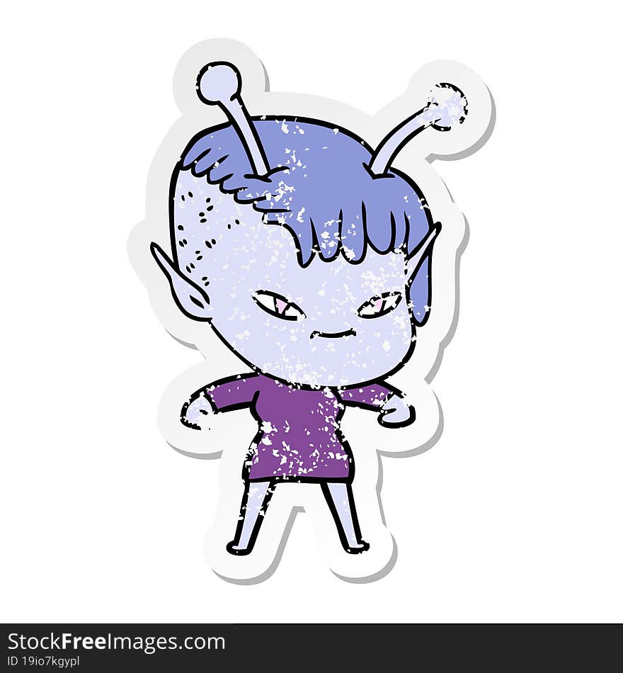 distressed sticker of a cute cartoon alien girl