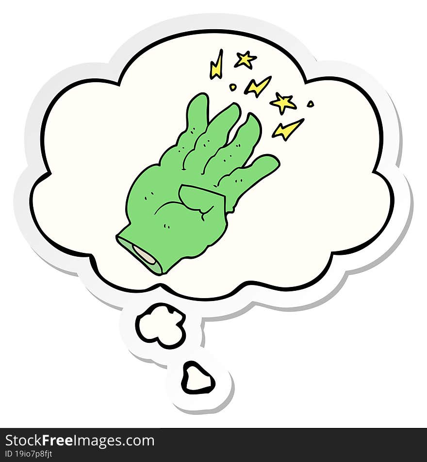 cartoon spooky magic hand and thought bubble as a printed sticker