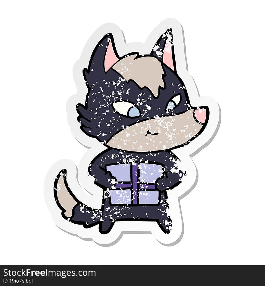 distressed sticker of a friendly cartoon wolf with gift