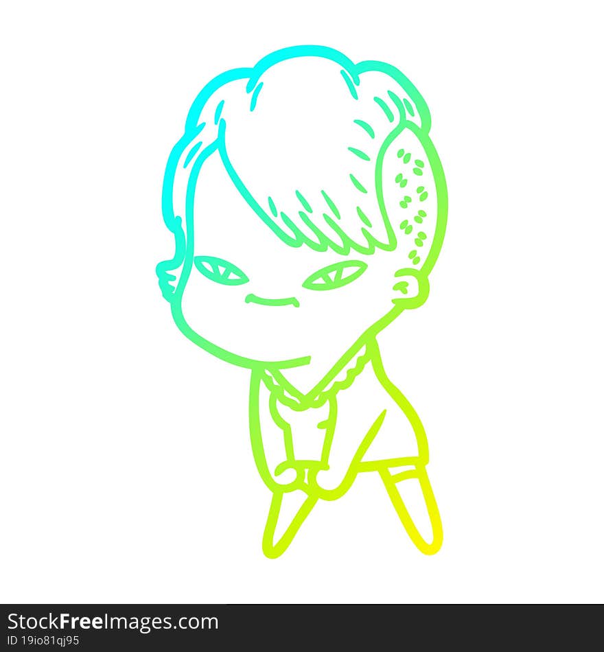 cold gradient line drawing of a cute cartoon girl with hipster haircut