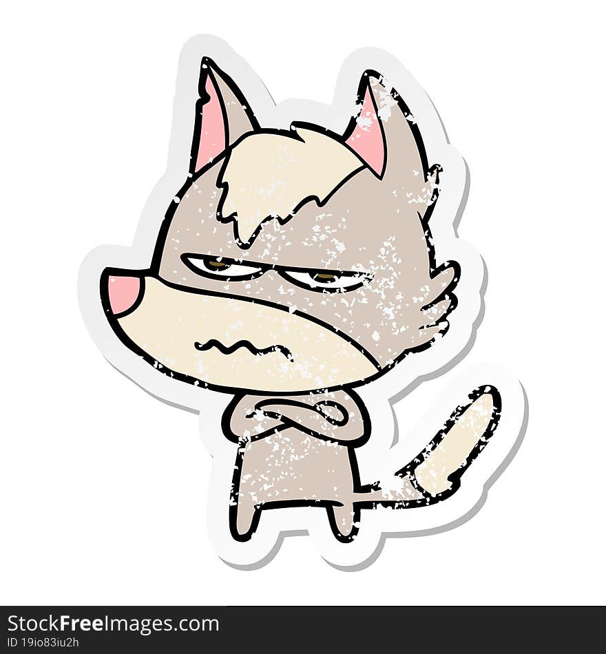 Distressed Sticker Of A Cartoon Annoyed Wolf