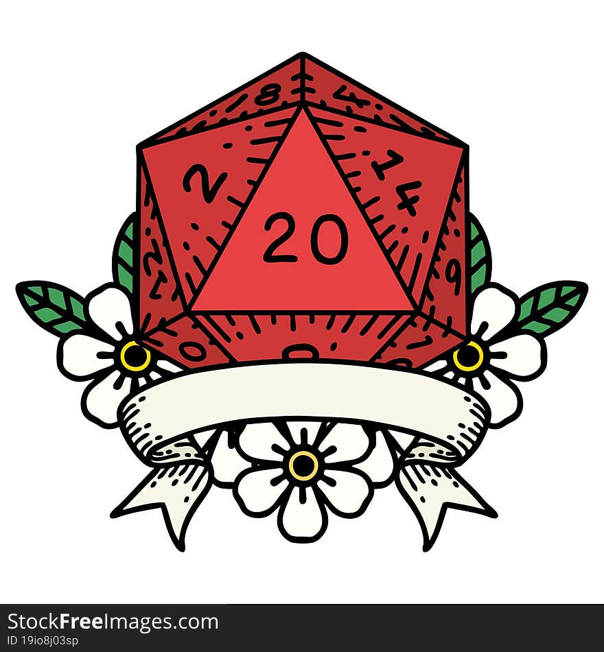 Retro Tattoo Style natural 20 critical hit D20 dice roll. Retro Tattoo Style natural 20 critical hit D20 dice roll