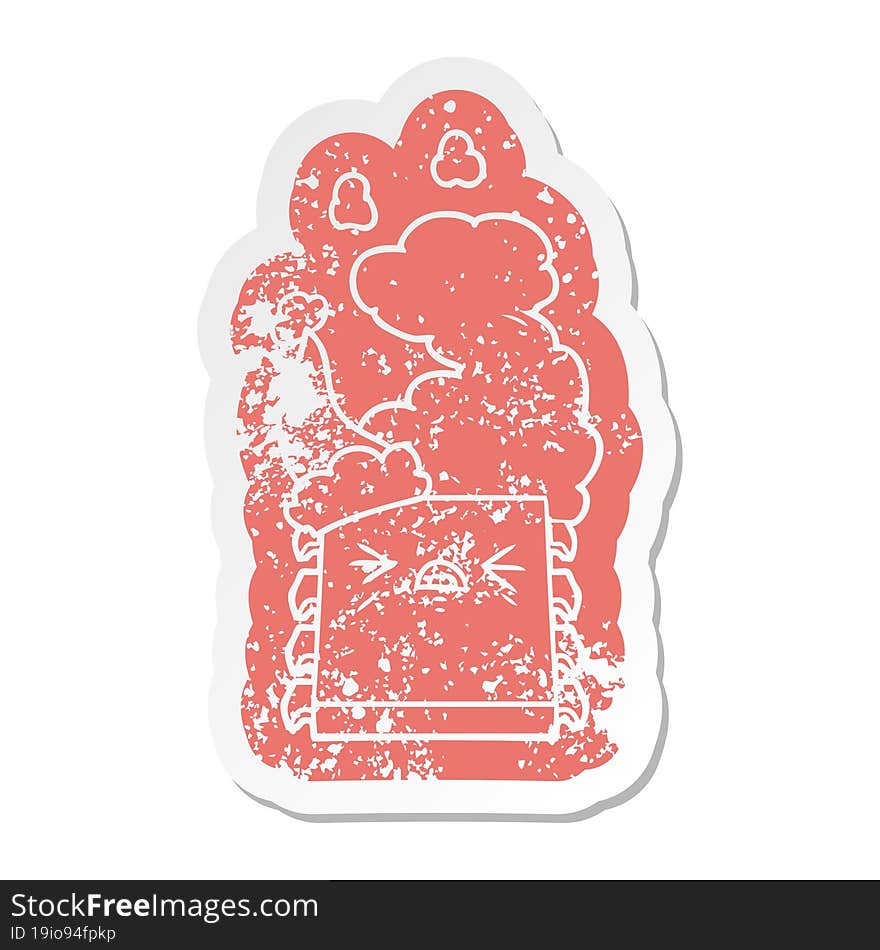 quirky cartoon distressed sticker of a overheating computer chip wearing santa hat