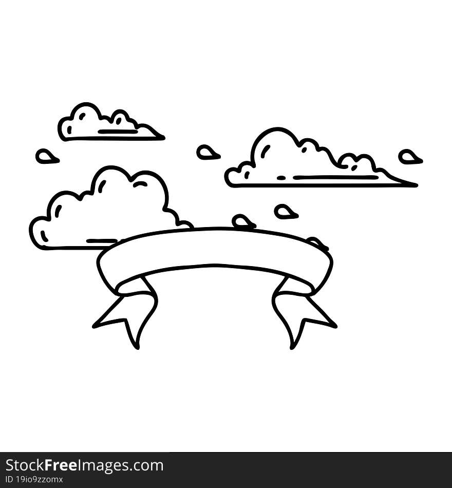 Banner With Black Line Work Tattoo Style Floating Clouds