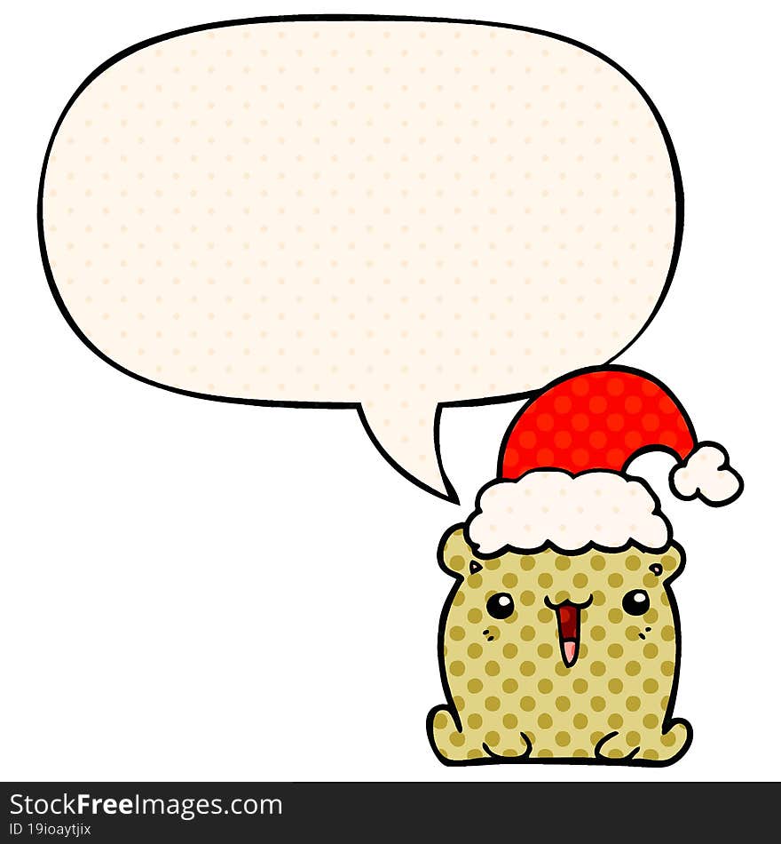 cute cartoon bear and christmas hat and speech bubble in comic book style