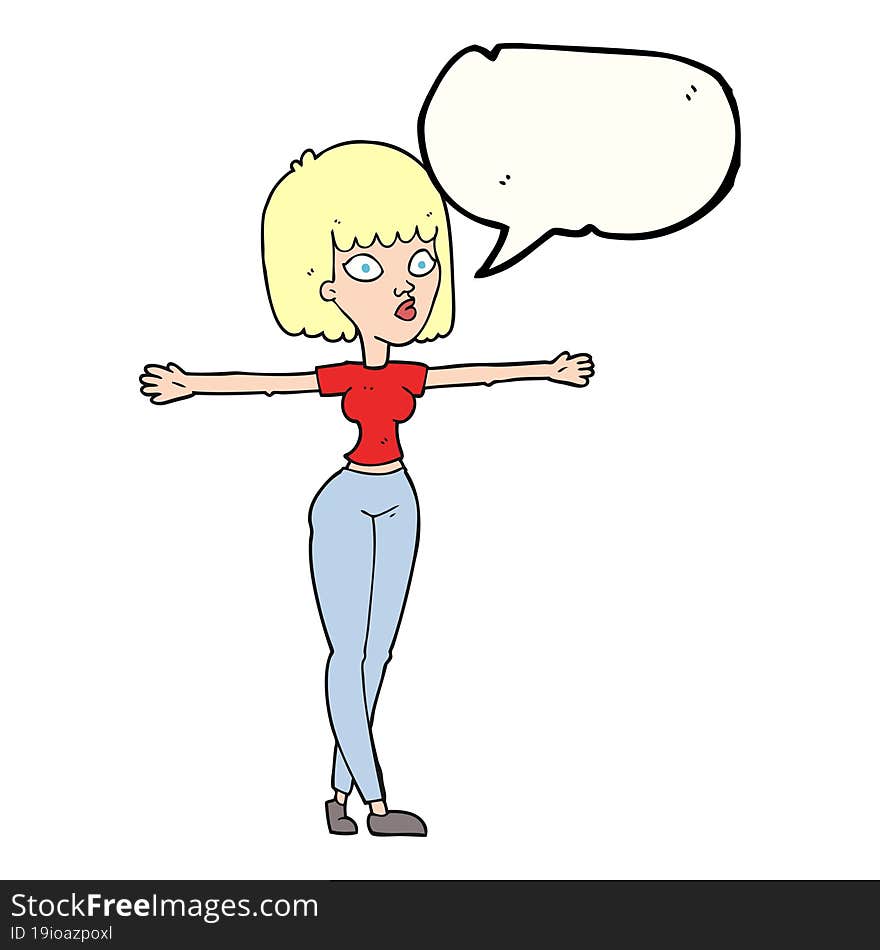 speech bubble cartoon woman spreading arms