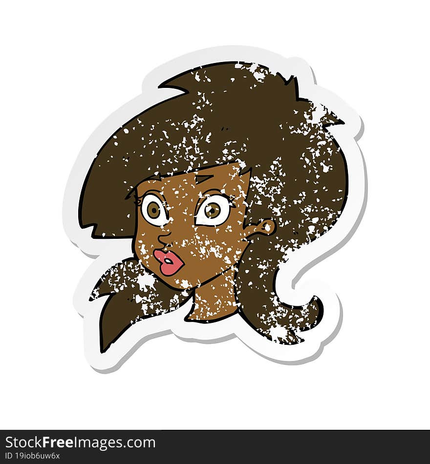 retro distressed sticker of a cartoon pretty surprised woman