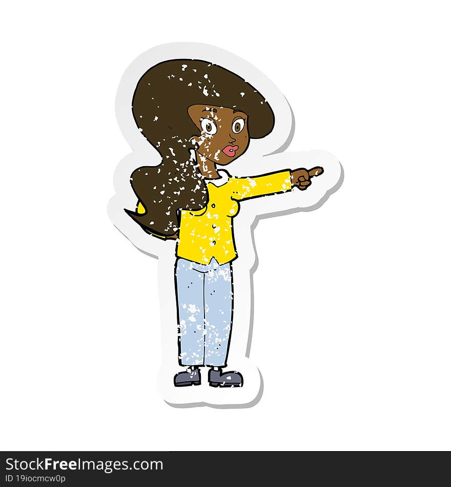 retro distressed sticker of a cartoon pretty woman pointing