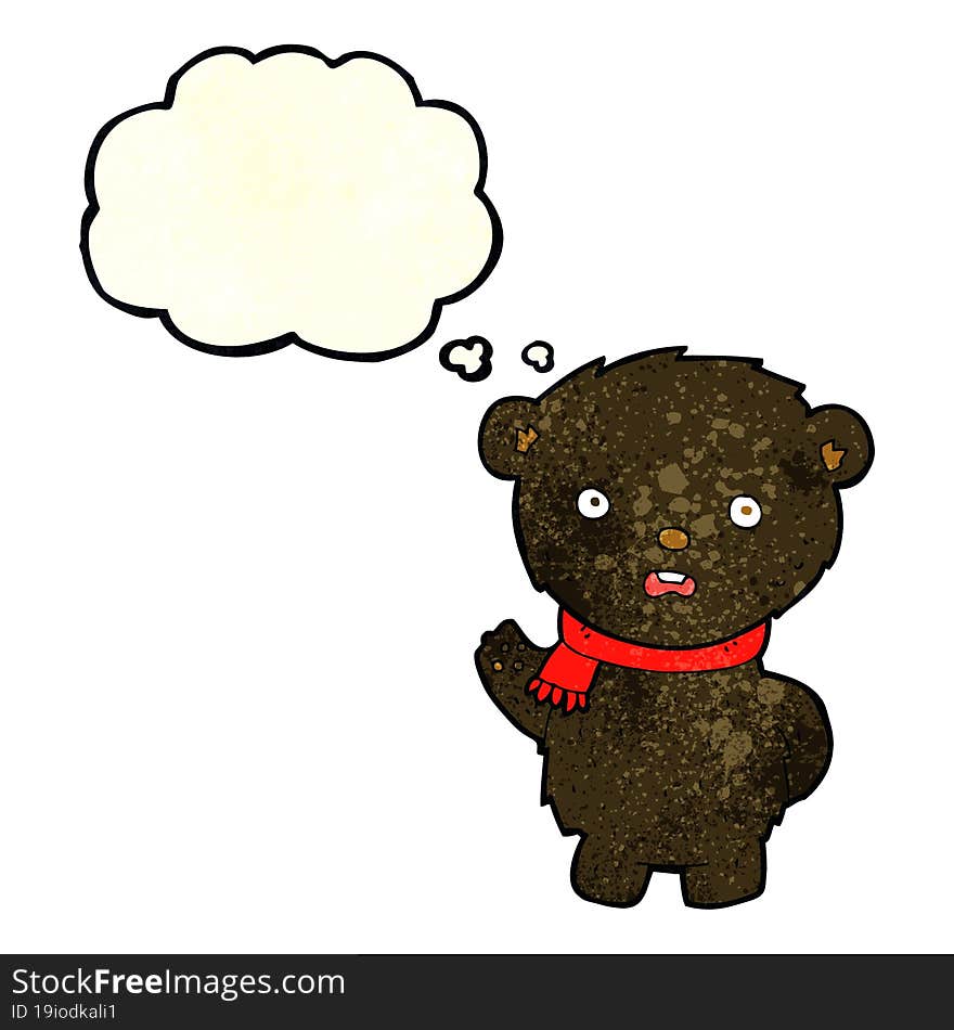 cartoon black bear wearing scarf with thought bubble