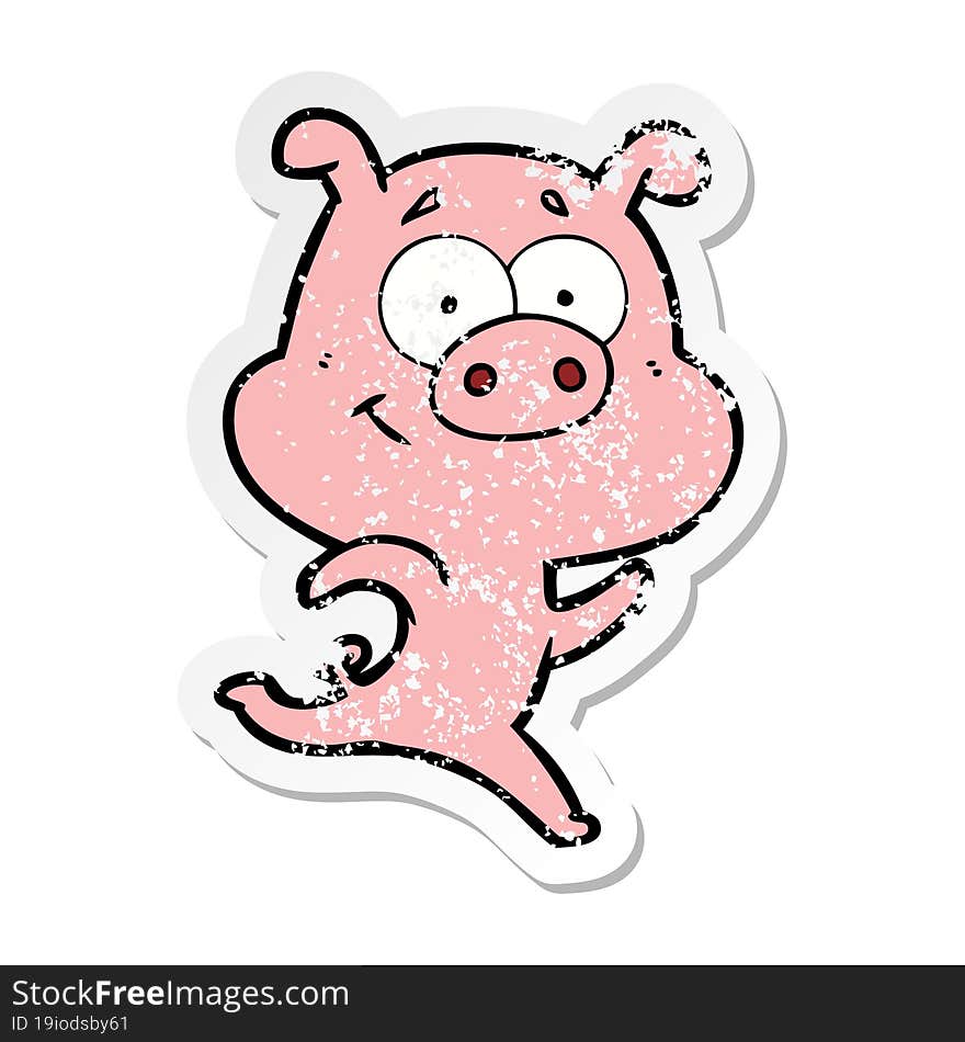 distressed sticker of a happy cartoon pig running