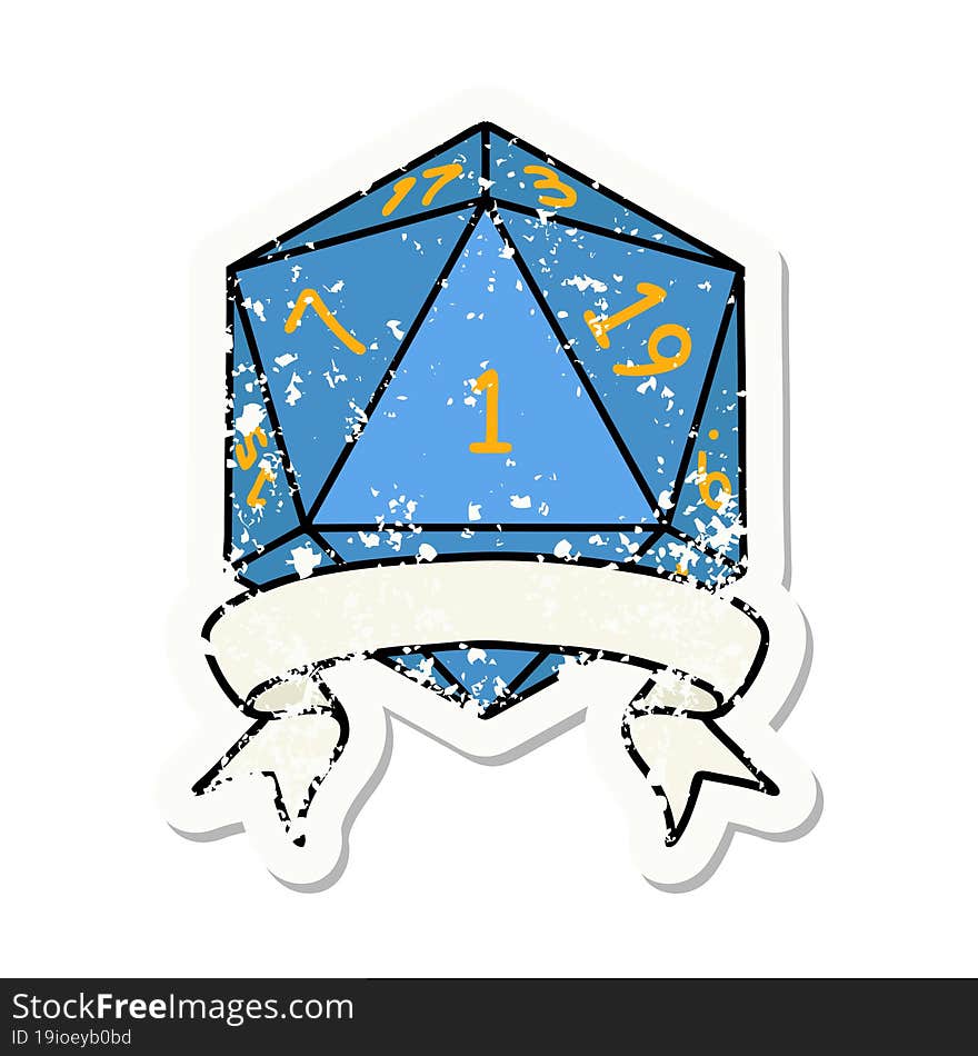 grunge sticker of a natural one d20 dice roll. grunge sticker of a natural one d20 dice roll