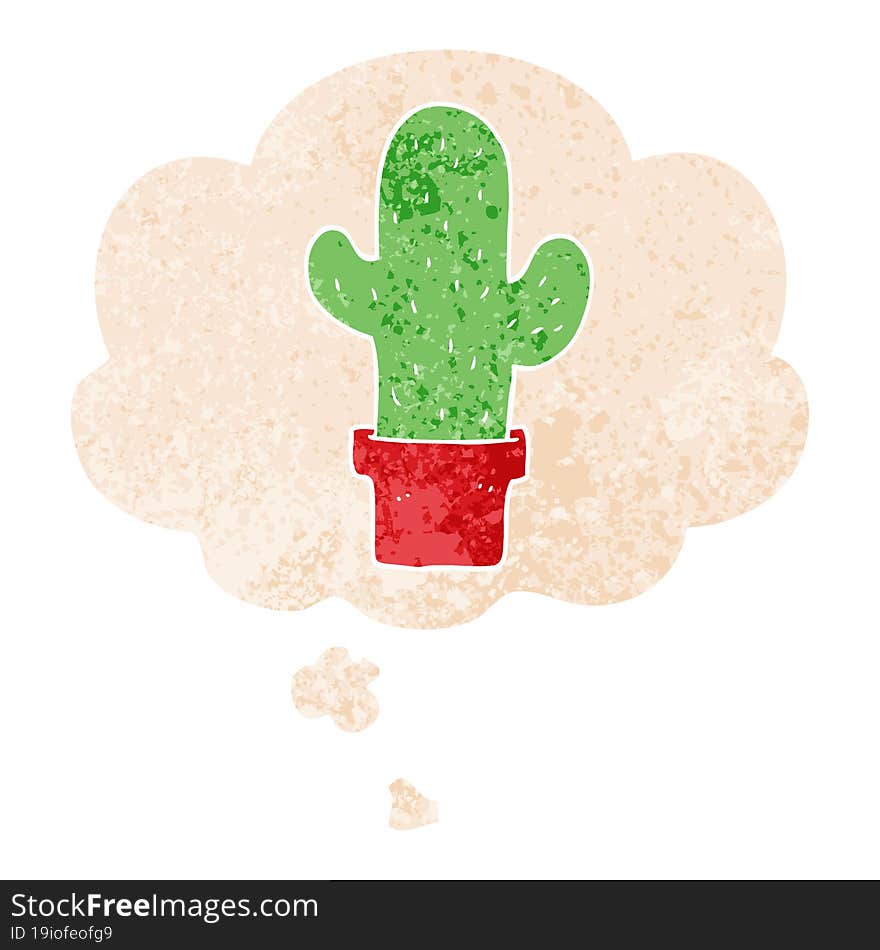 cartoon cactus and thought bubble in retro textured style