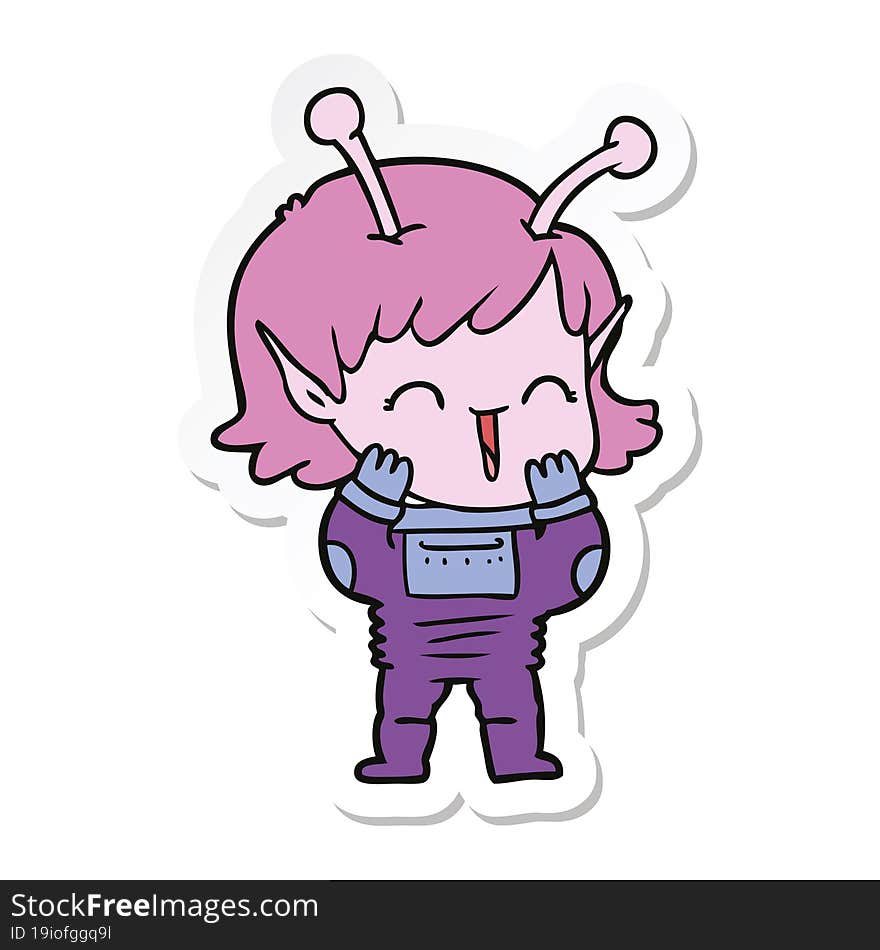 Sticker Of A Cartoon Alien Girl Giggling