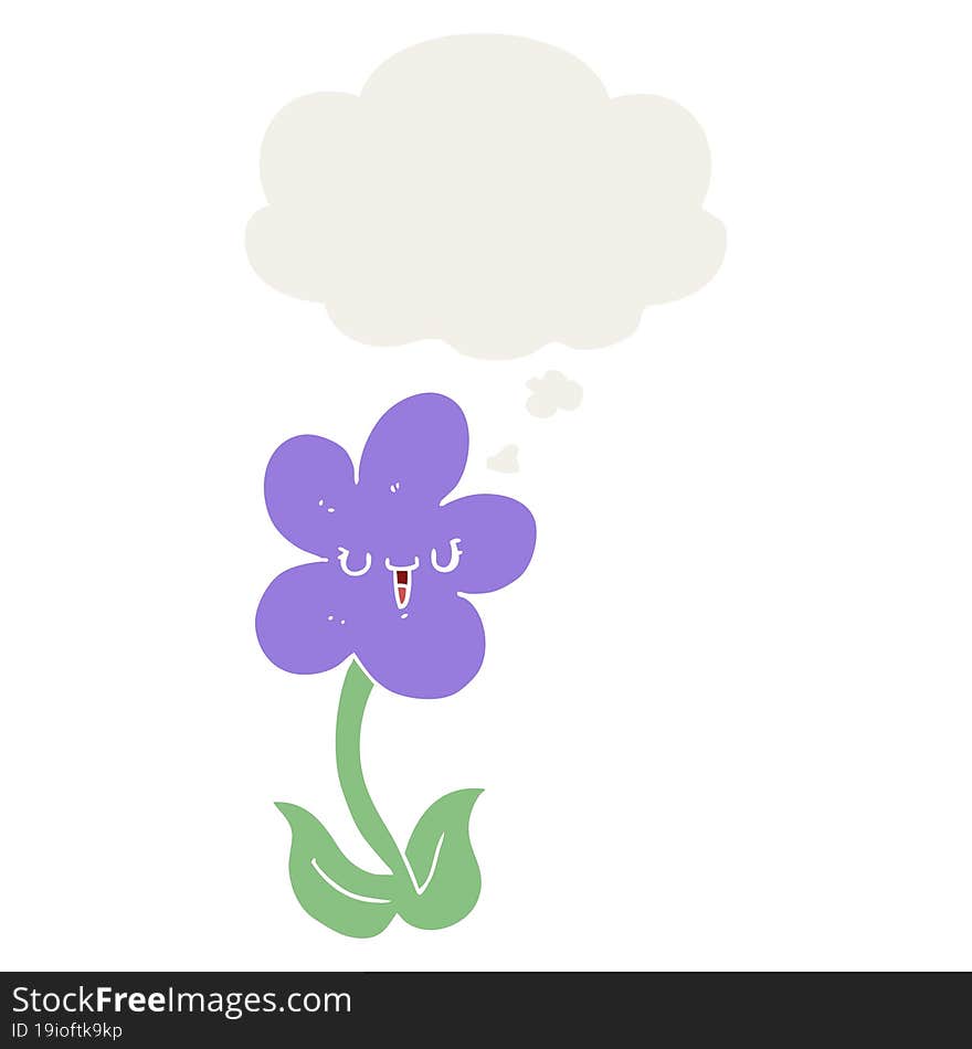 cartoon flower with happy face and thought bubble in retro style