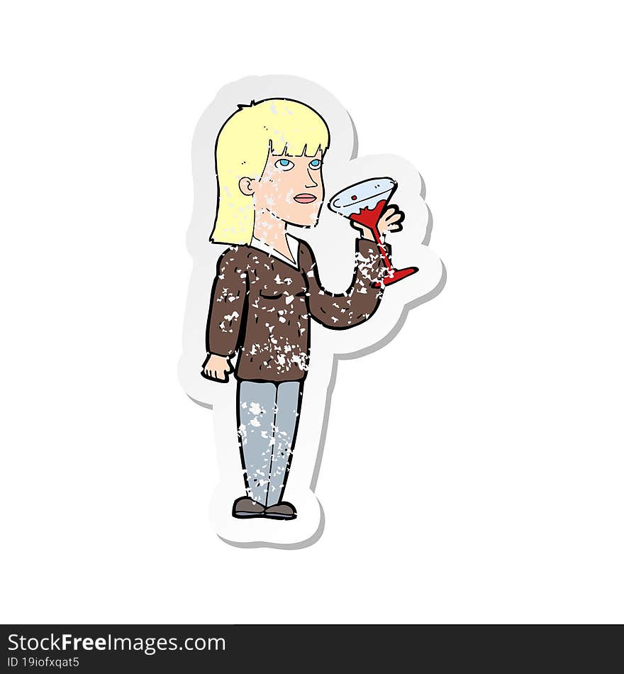 Retro Distressed Sticker Of A Cartoon Woman Drinking Cocktail