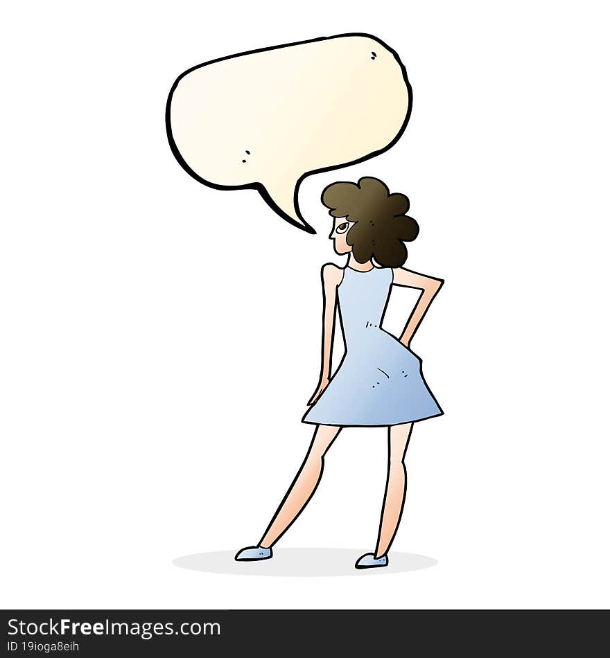 cartoon woman posing in dress with speech bubble