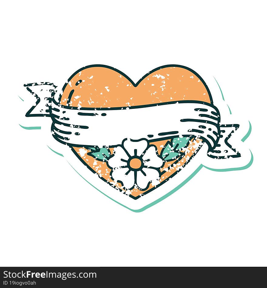 iconic distressed sticker tattoo style image of a heart and banner with flowers. iconic distressed sticker tattoo style image of a heart and banner with flowers