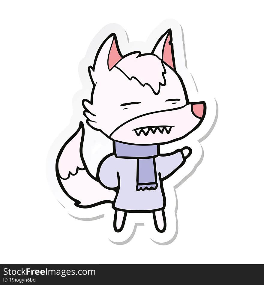 sticker of a cartoon wolf in winter clothes