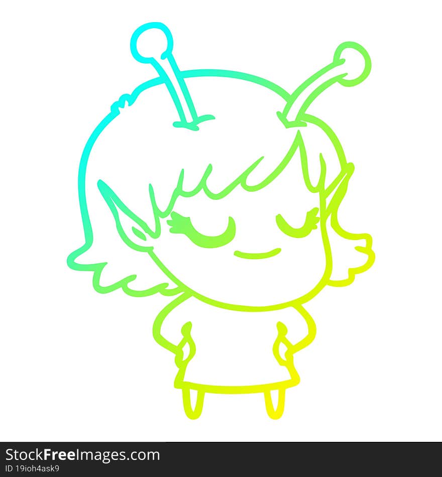 cold gradient line drawing of a smiling alien girl cartoon