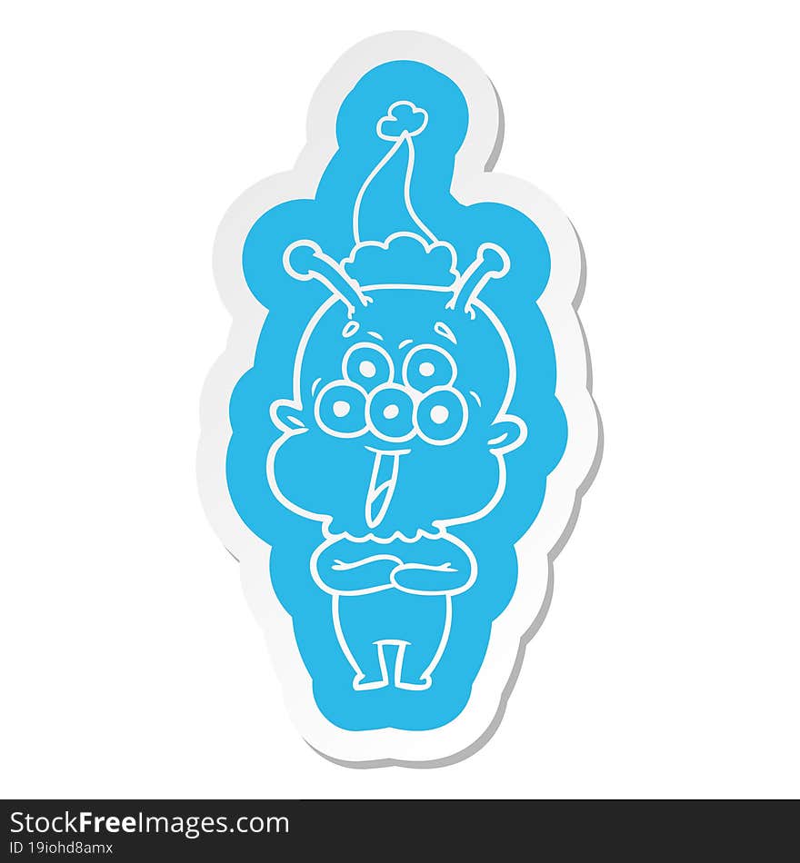 happy cartoon  sticker of a alien wearing santa hat