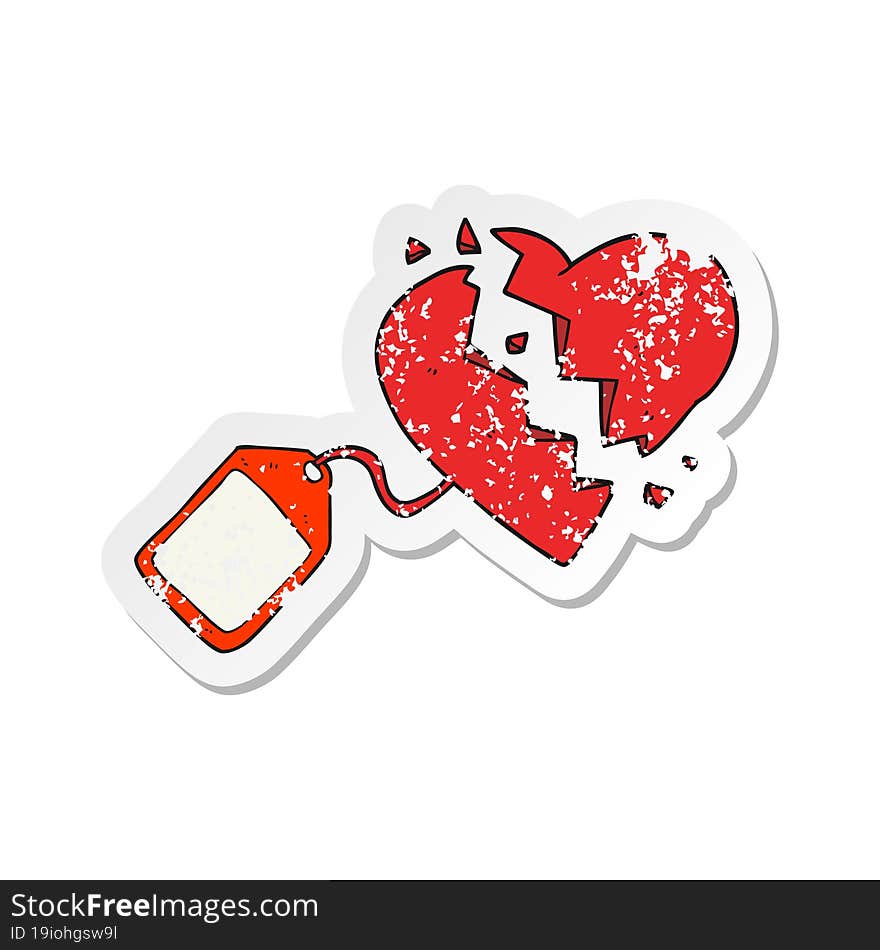 retro distressed sticker of a cartoon luggage tag on broken heart