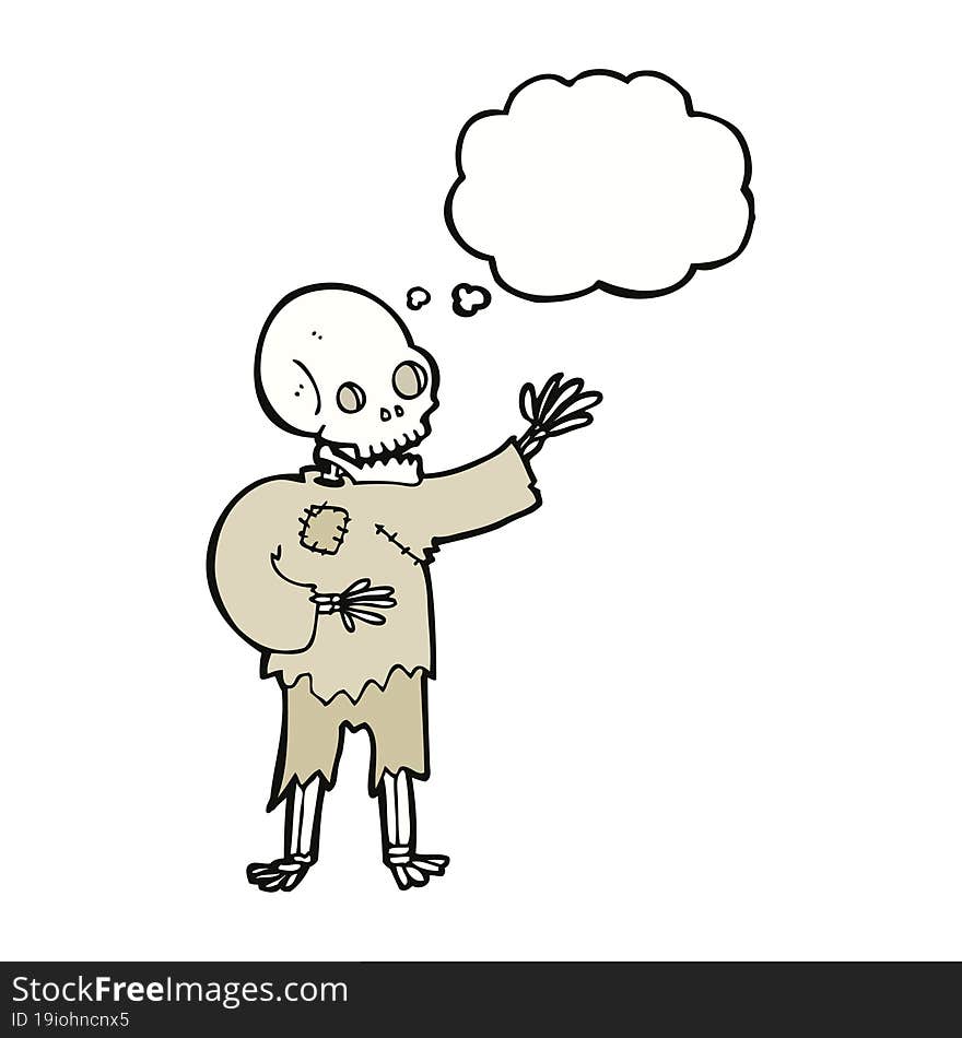 cartoon skeleton waving with thought bubble