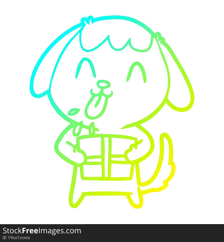 cold gradient line drawing of a cute cartoon dog with christmas present