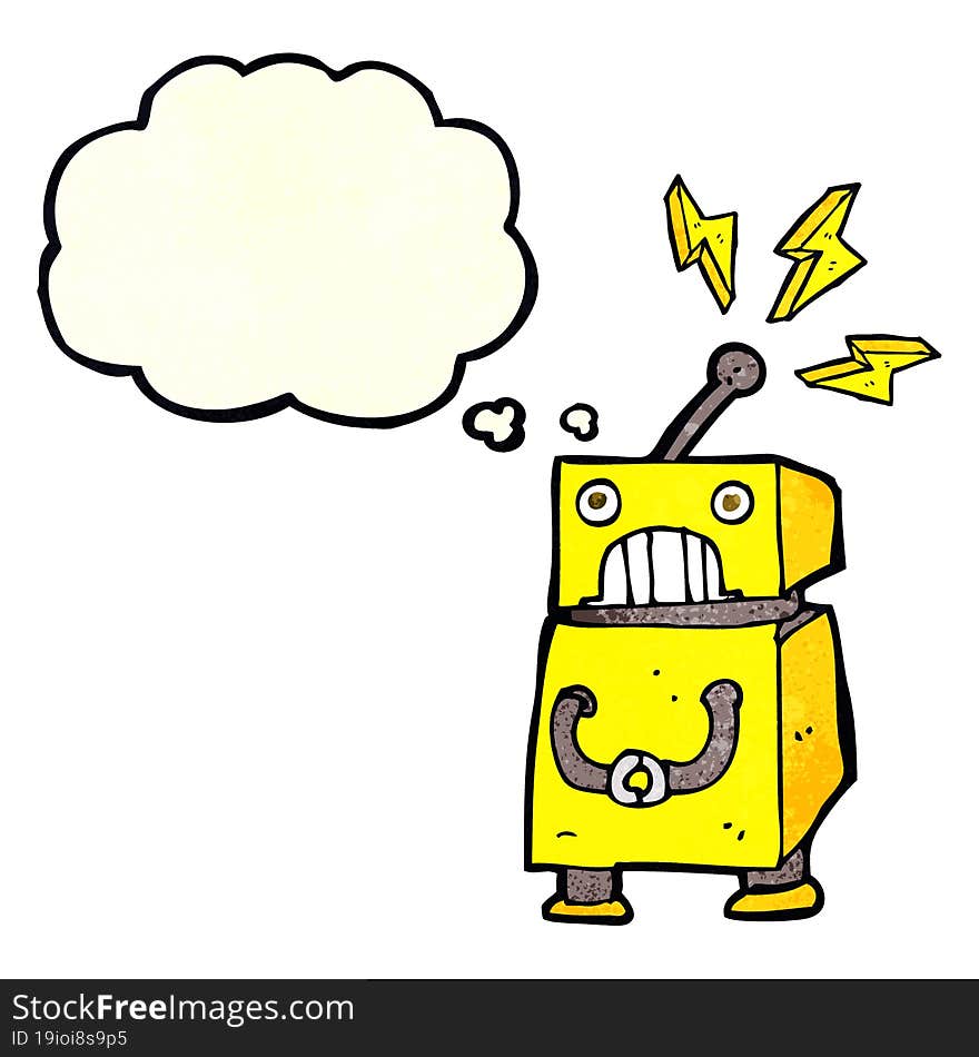 cartoon little robot with thought bubble