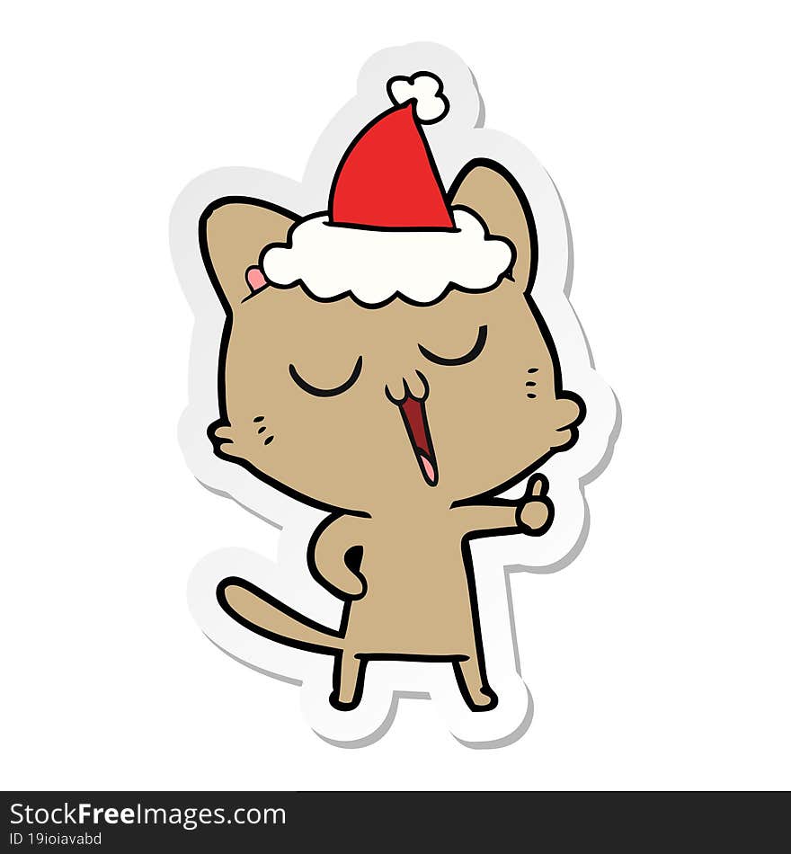 sticker cartoon of a cat singing wearing santa hat