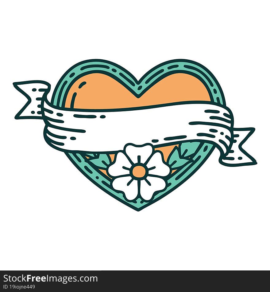 Tattoo Style Icon Of A Heart And Banner With Flowers