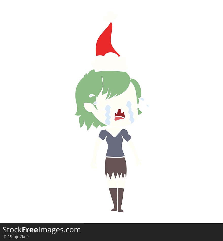 flat color illustration of a crying vampire girl wearing santa hat