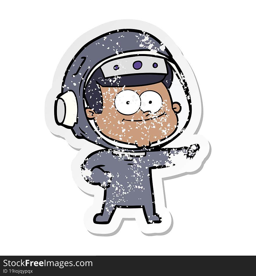 distressed sticker of a happy astronaut cartoon