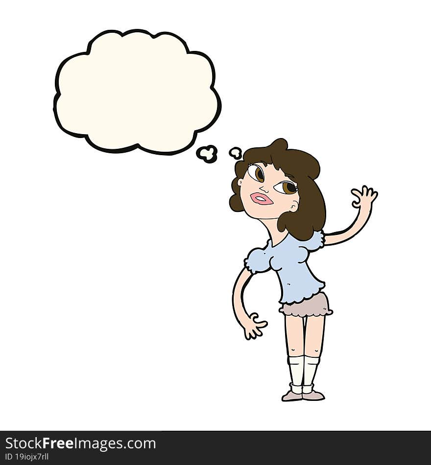 cartoon woman waving with thought bubble